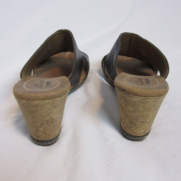 Clarks Collection Soft Cushion Black Leather Slip-On Cork Wedge Heel Sandals 9.5 - Picture 6 of 9